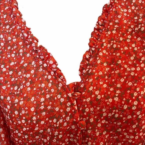 T H M L orange floral print button up top size S - Picture 2 of 4